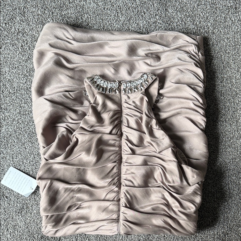 Cachet Taupe Mini Dress with Embellished Neckline - Picture 3 of 6